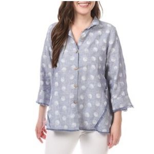 JOHN MARK | Women’s Blue Linen with White Polka Dots Button Down Top size Medium
